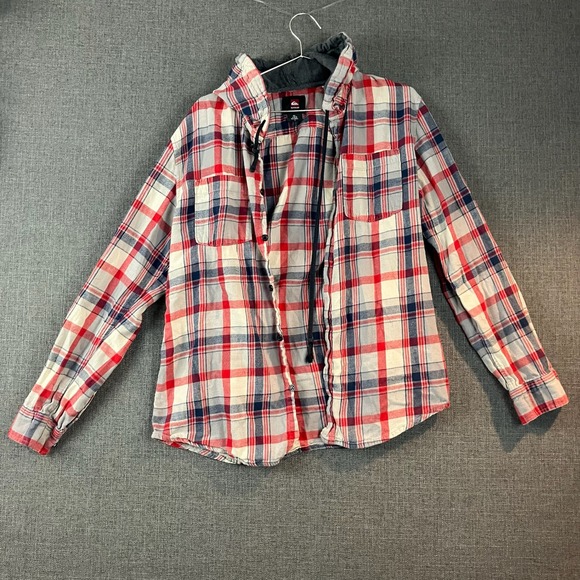 Quiksilver Other - Quiksilver Mens Flannel Shirt Hooded Large L Red Blue Plaid Casual‎